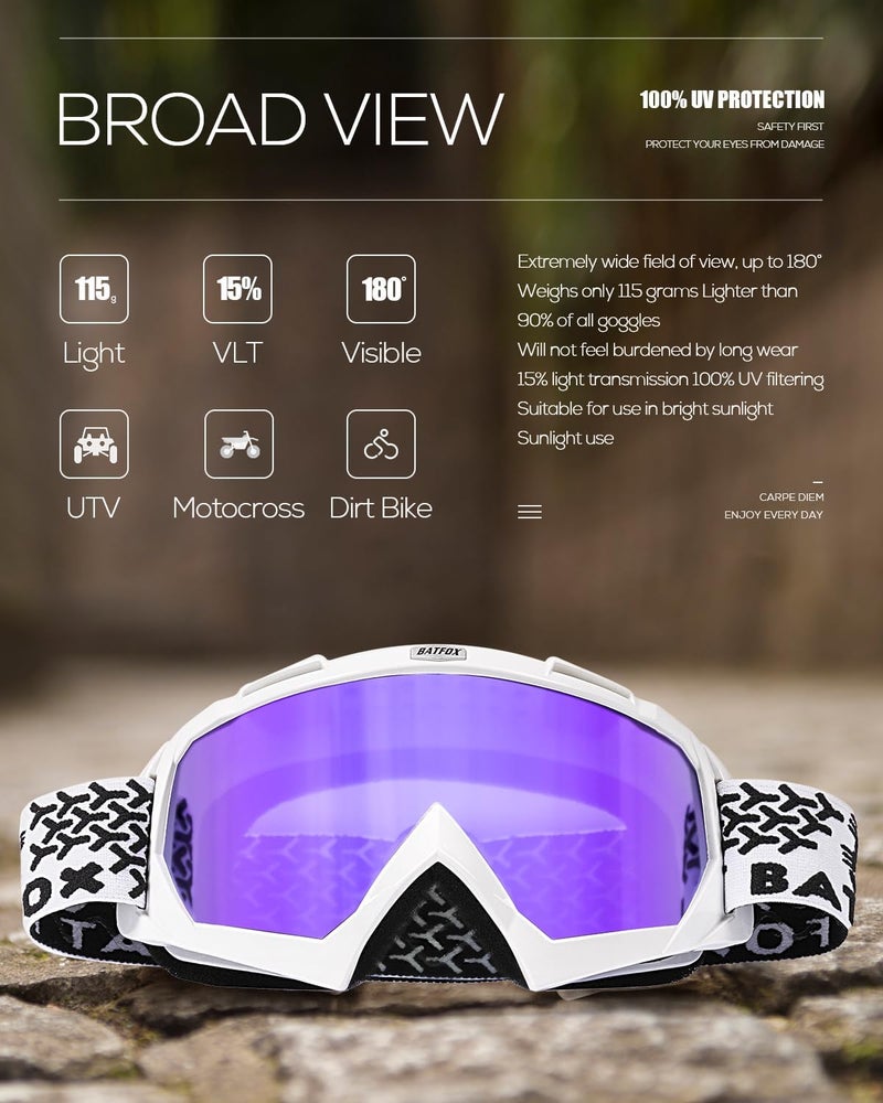 BATFOX Dirt Bike ATV Goggles Motorcycle Gear Riding Motocross Dirtbike 4-Wheeler MX DH Accessories Goggles Glasses for Men Women Youth UV400 Protection Dust-proof Anti-Slip Strap - Image 5